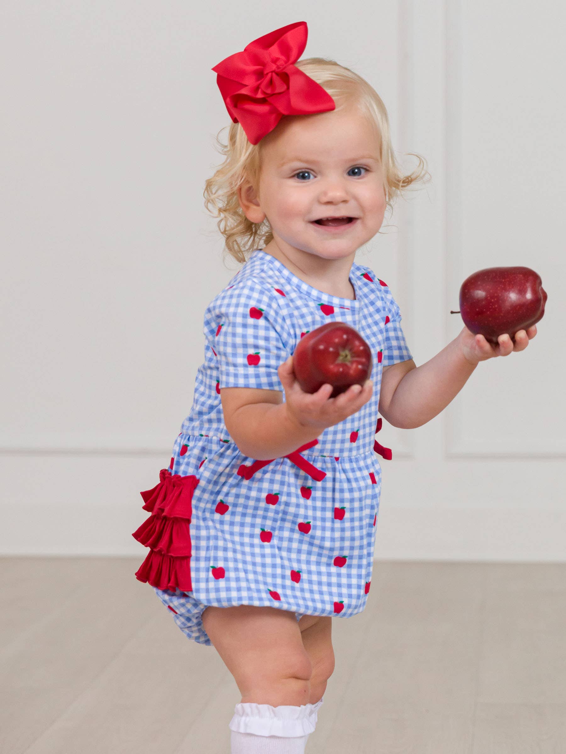 Blue Baby Girls Apple Orchard Gingham Knit Short Sleeve Bow Bubble Romper for wholesale on Faire1