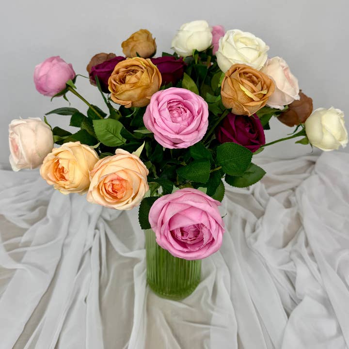 Gorgeous Bouquet of 24 Real Touch Open Bud Roses Gift Wrapped for wholesale by Realistic Artificial Flowers