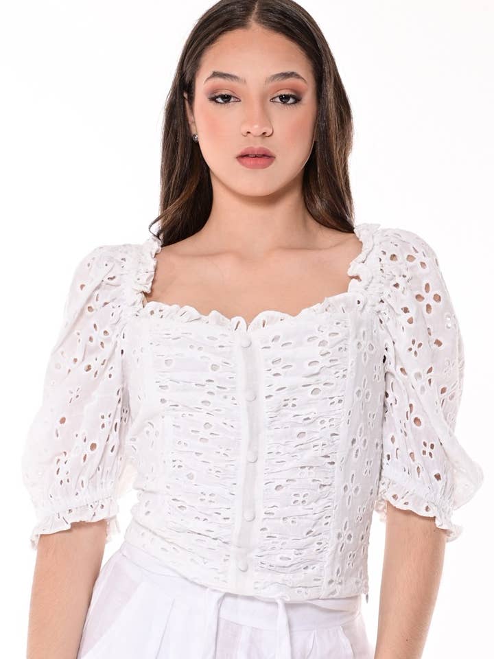 Ladies Eyelet Top Puffy Sleeves Blouse Cotton by AZUCAR for wholesale by Azucar & Bohio
