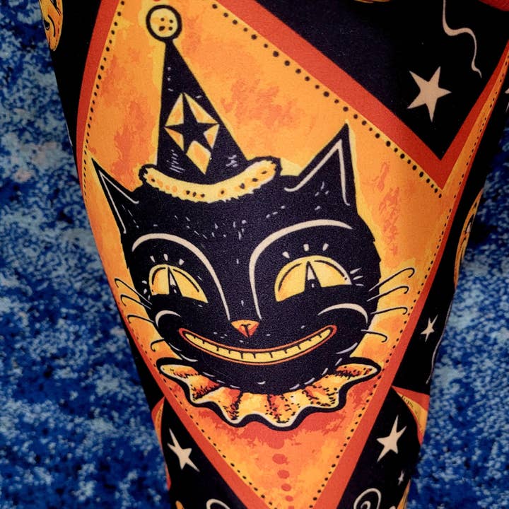 Beautifully Unique® Leggings – wholesale Modeleggings – Dam – "Grinning Jack" (Johanna Parker Exclusive) Orange Vintage Cat - Högkvalitativa Handgjorda Livfulla Leggings