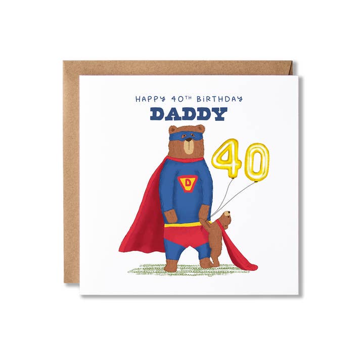 Super Dad Happy 40th Birthday Daddy 1, 2 or 3 cubs Card for wholesale by Badgerbee Design