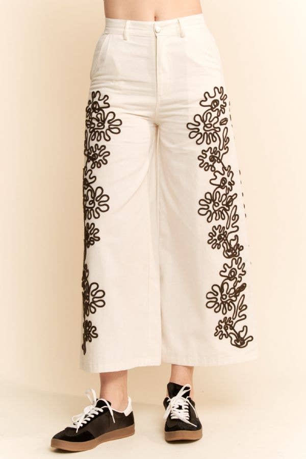 LINEN CORD FLORAL EMBROIDERED SIDE ELASTIC BACK PANTS for wholesale on Faire1