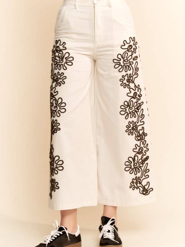 LINEN CORD FLORAL EMBROIDERED SIDE ELASTIC BACK PANTS for wholesale on Faire1