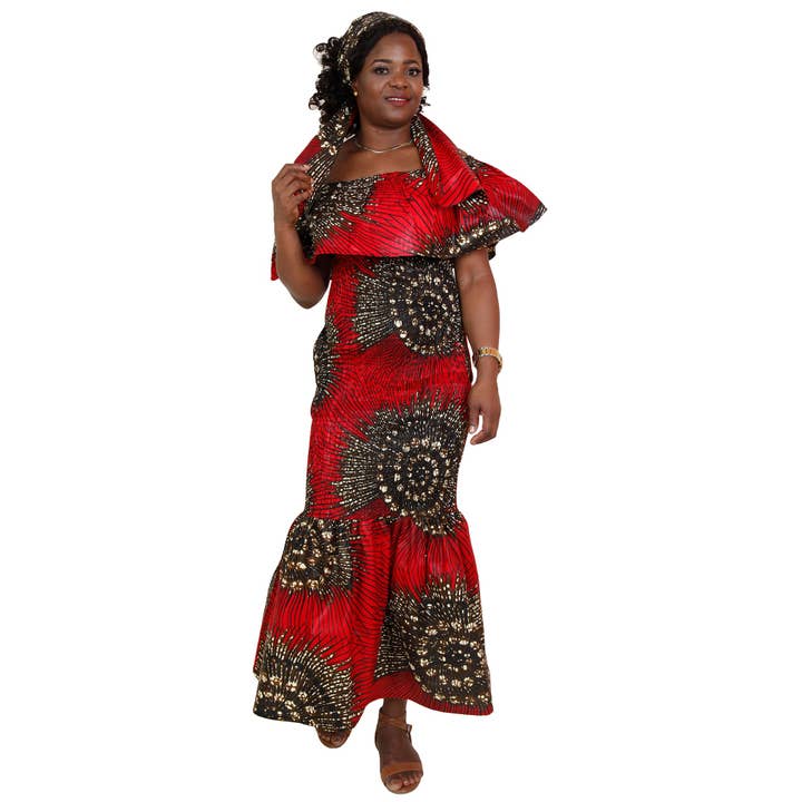 African Stars - Wholesale Dress - Women's - Women's Printed Smocking Off Shoulder Mermaid Dress - FI-P5007720