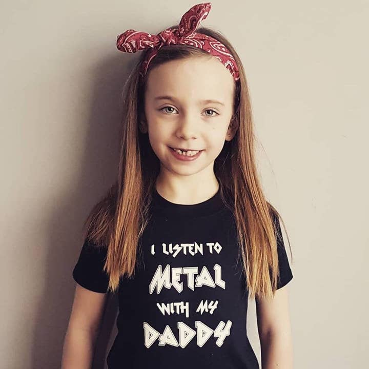 I listen to Metal with my Daddy printed cotton kids T-shirt for wholesale by Metallimonsters