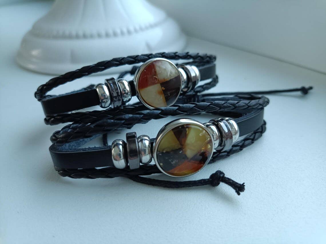 AmberLithuania - Wholesale Beaded Bracelet - Eco Leather and Baltic Amber adjustable bracelet for him her2