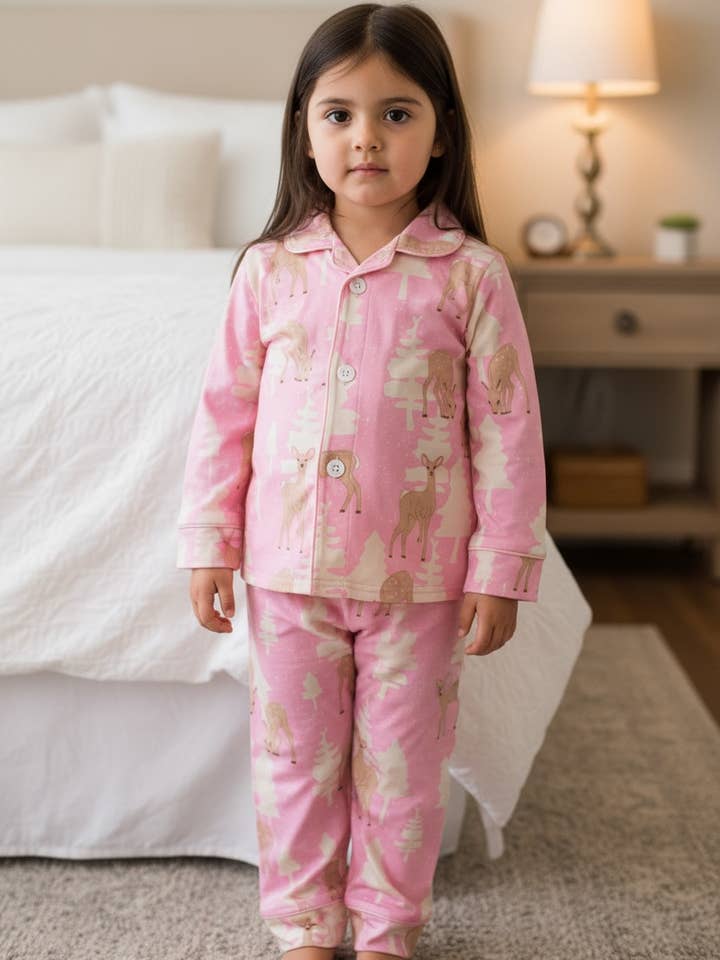 Christmas tree printed on pink girls pajamas. GLP080707-AMY for wholesale by Kids Charm Online