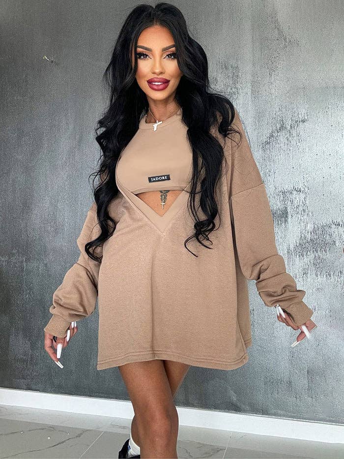 KAKI Completo due pezzi: mini abito e top smanicato a girocollo in tinta unita, vestibilità ampia in vendita all'ingrosso su Faire14