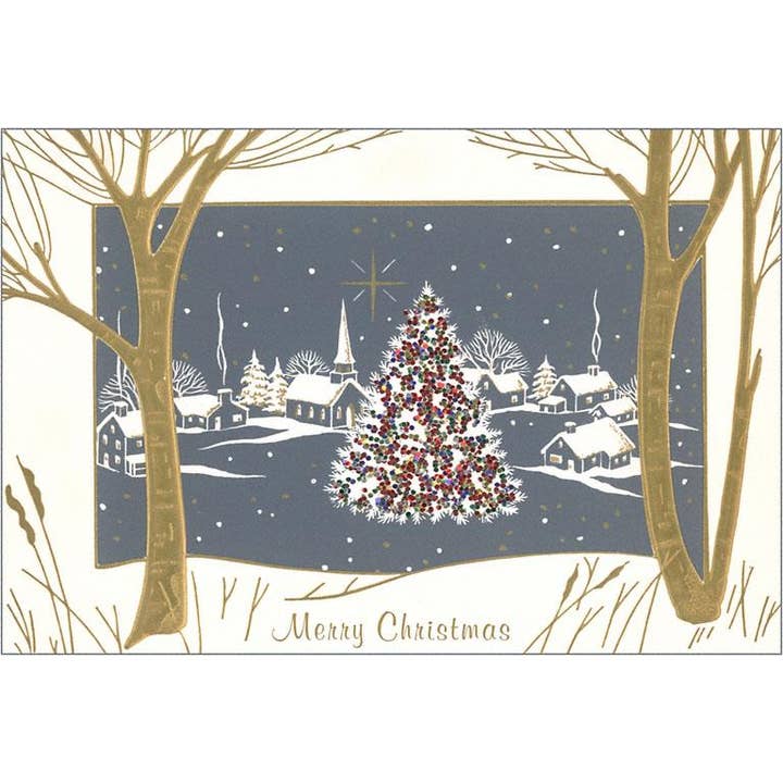 Magneet MC-319 Vrolijk Kerstfeest, Kleurrijke Boom met Grijze Stad voor wholesale door Found Image Press