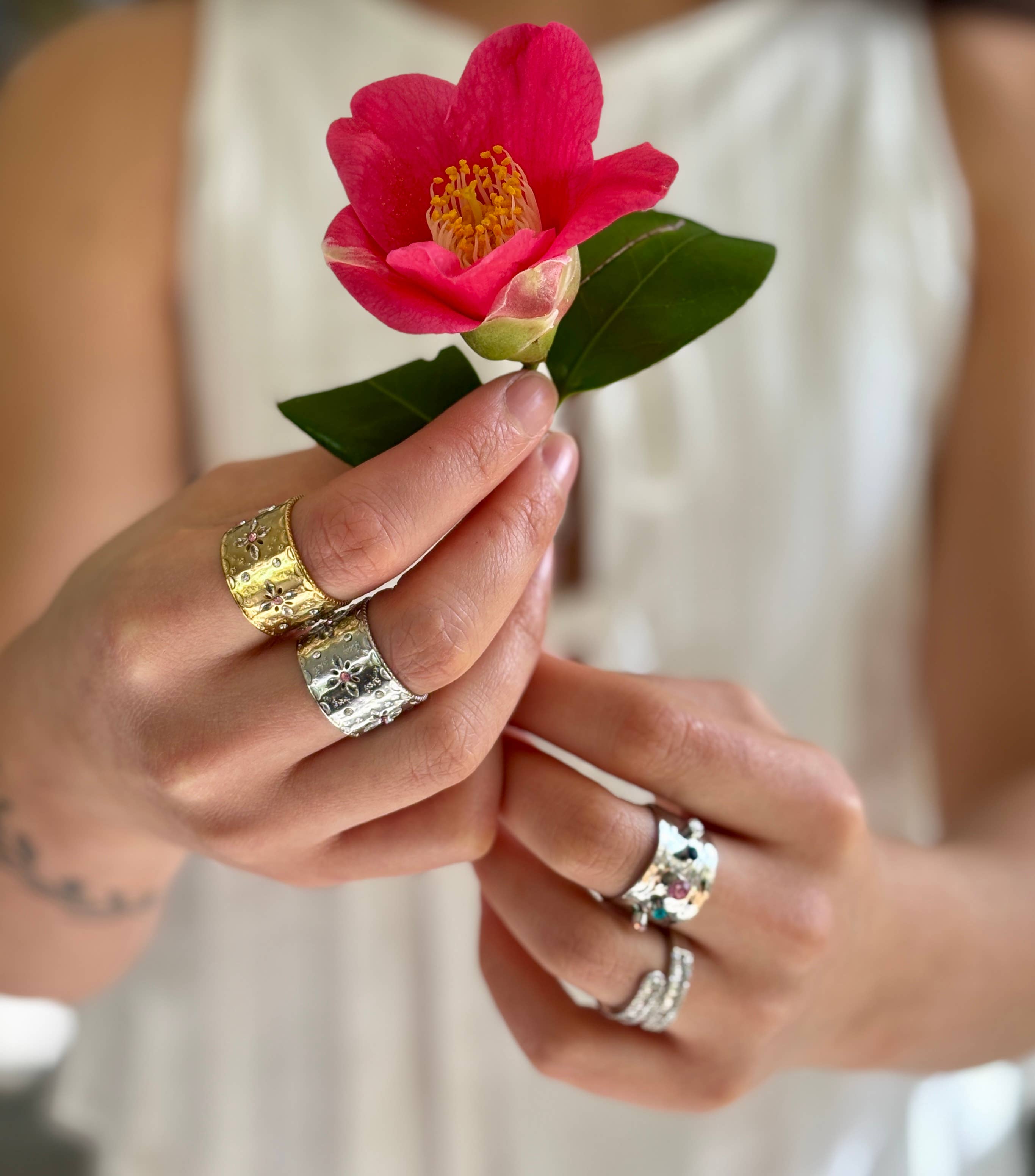 Ocean Ripples - Wholesale Cocktail/Statement Ring - Stainless Steel Cubic Zirconia Hammered Adjustable Ring 2
