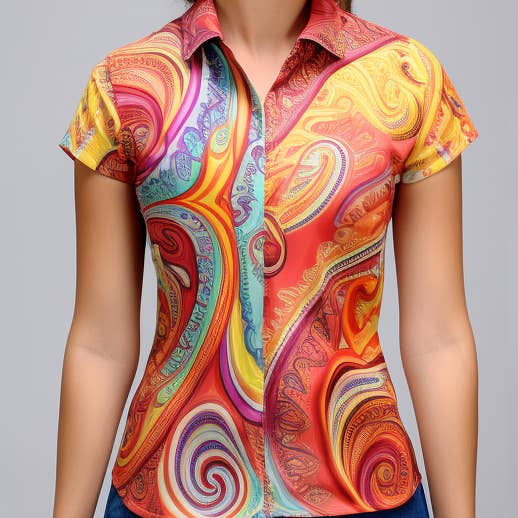 Vibrant Paisley Pattern Women Casual Short Sleeve Shirt for wholesale by NeoShores
