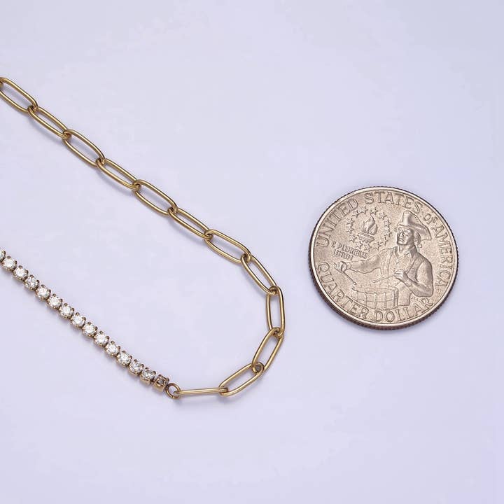 Aim Eternal - Wholesale Link & Chain Necklace - Stainless Steel 3mm Half Paperclip Clear Tennis Chain 15.5 Inch Choker Chain Necklace | WA-20462