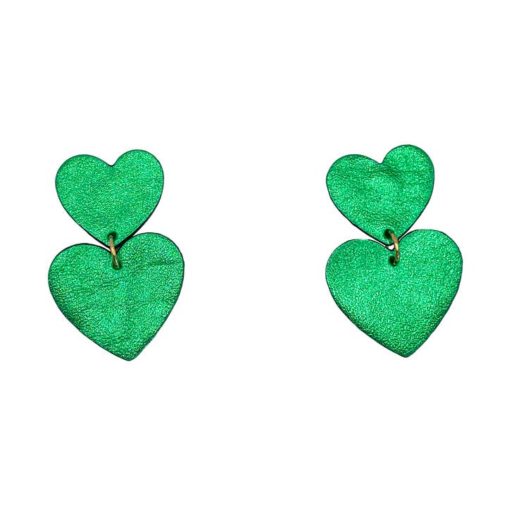 Double heart green leather earrings for wholesale by Manali
