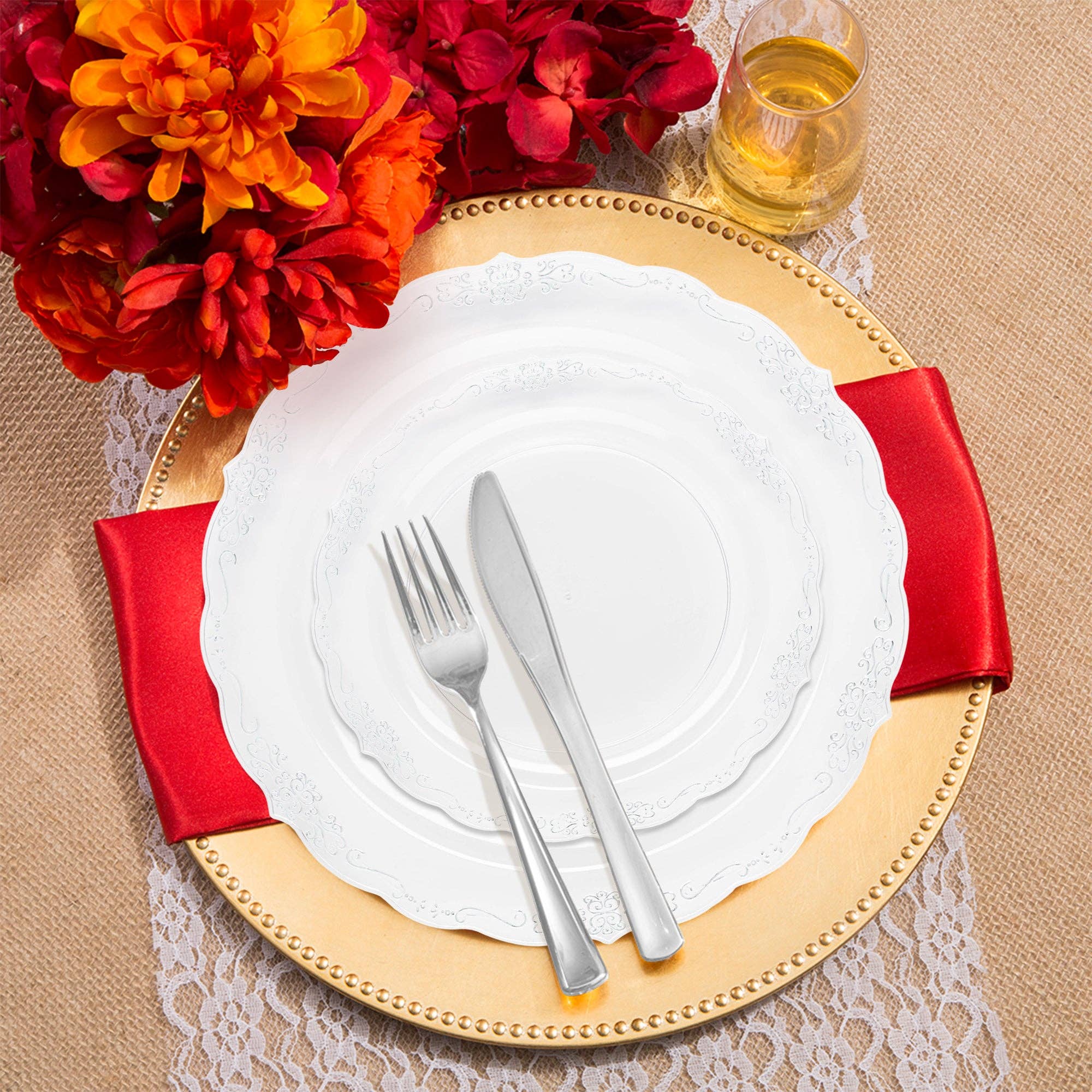 Smarty had a Party - Vendita all'ingrosso Servizio da tavola - Set da matrimonio in plastica trasparente con bordo vintage argento - 60 set6