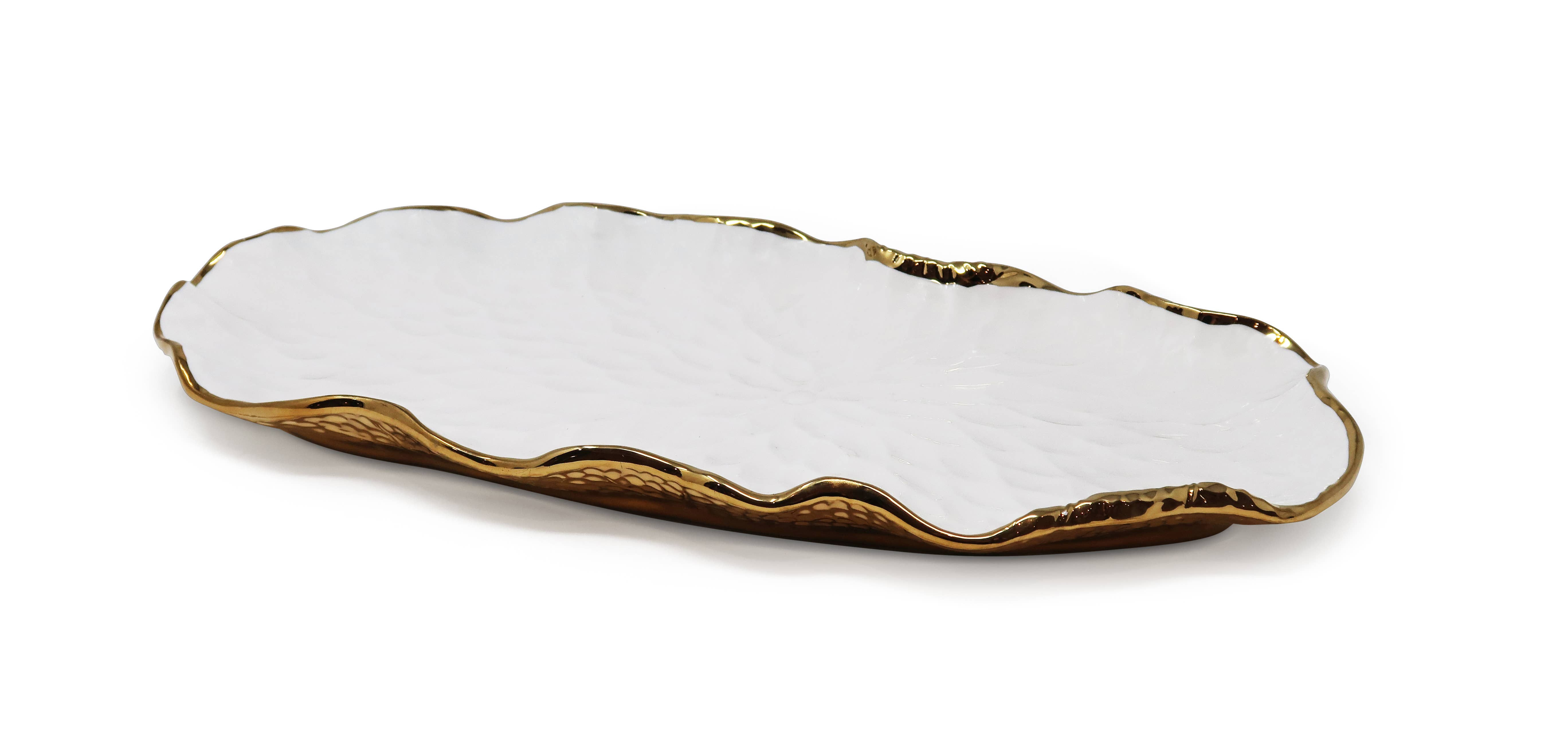 VIVIENCE - Wholesale Decorative Tray - White Oval Tray New Bone China with Gold Scalloped Edge2
