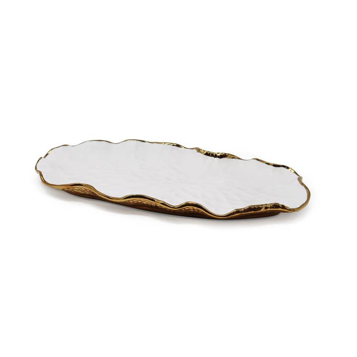 VIVIENCE - Wholesale Decorative Tray - White Oval Tray New Bone China with Gold Scalloped Edge2