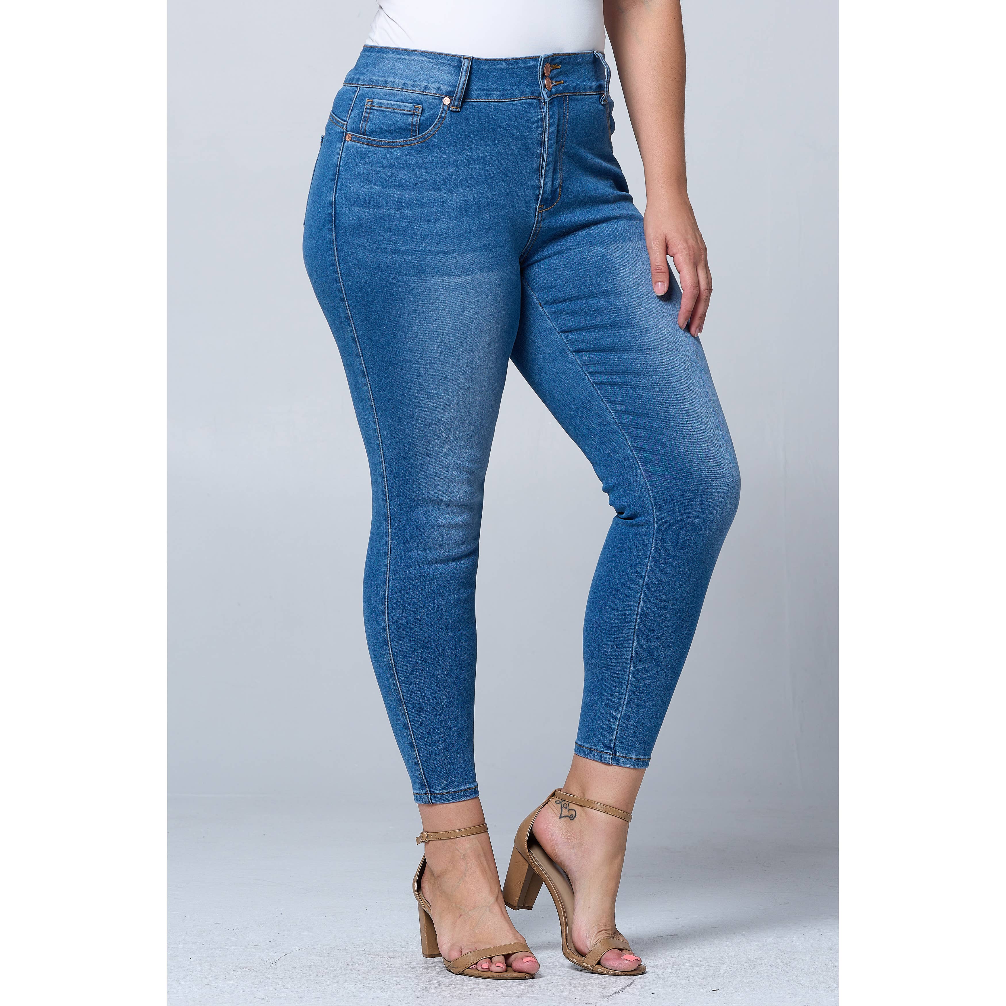 Donkerblauw Plus Size Skinny Jeans met Buikcorrigerende Taille en Lifting voor de Billen PH3502X Donkerblauw voor groothandel op Faire8