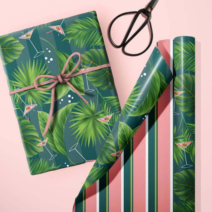 Mod Lounge Paper Company - Wholesale Flat Wrap - Palm and Pink Martini Gift Wrap Double Sided Rolled Tube