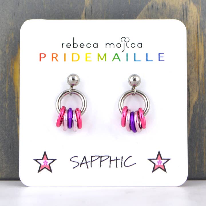 Sapphic Pride Flag - Tiny Chainmaille Stud Earring for wholesale by Rebeca Mojica Jewelry