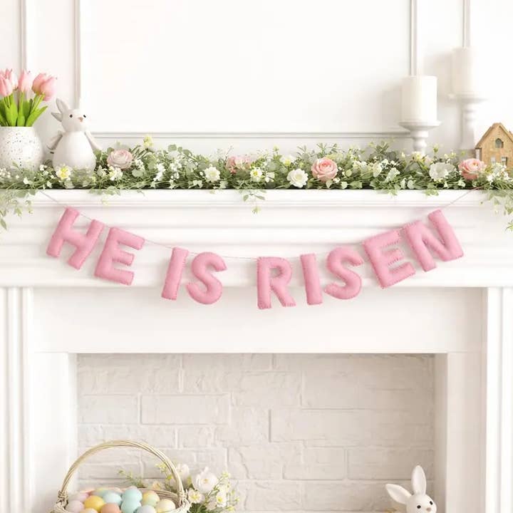 He is Risen Pink Felt Banner for wholesale by Glitter Party Co