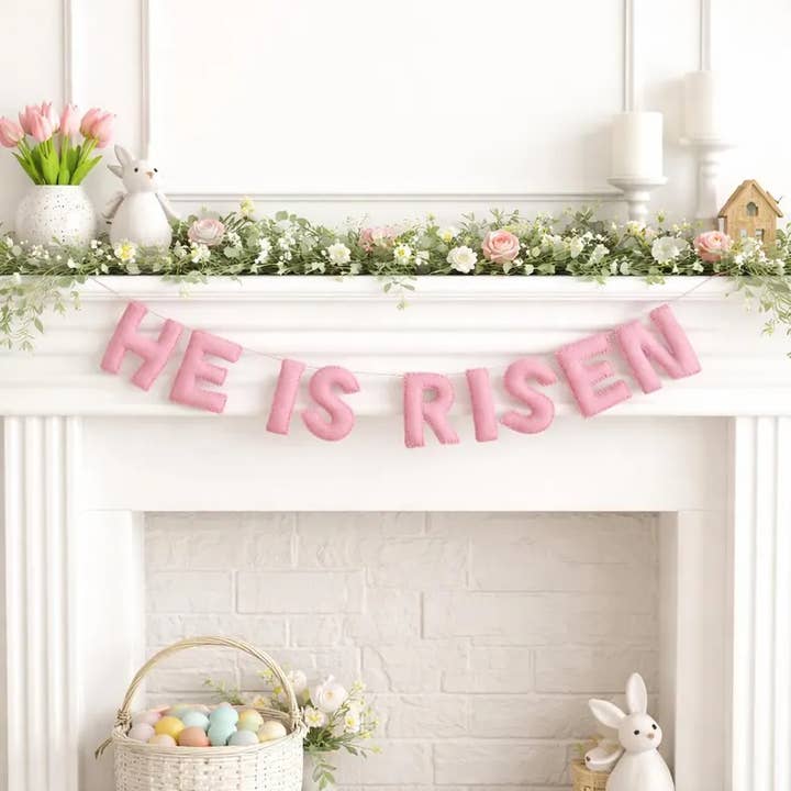 He is Risen Pink Felt Banner for wholesale by Glitter Party Co