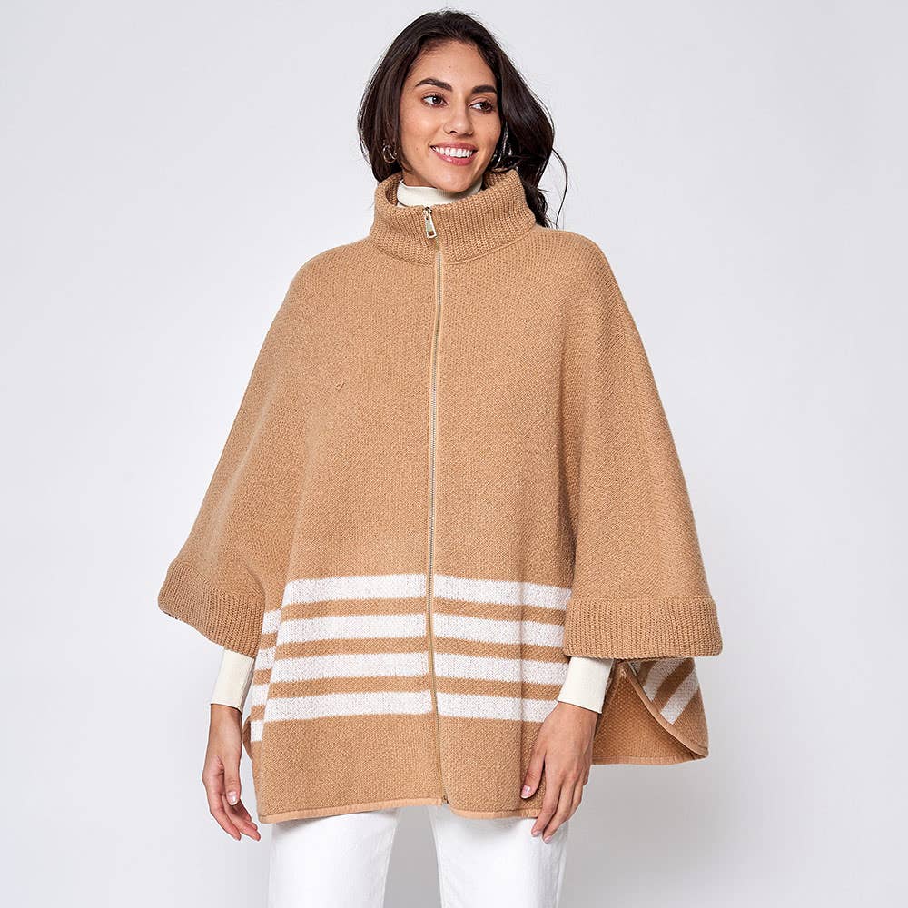 Sensibling Corp. - Wholesale Poncho - Women's - Sporty Bordered Zip Up Knit Cape Poncho7