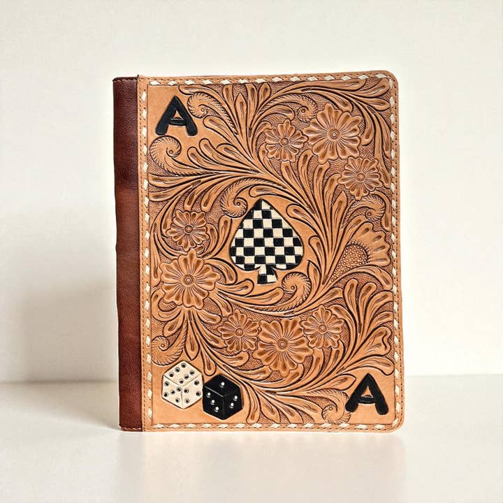 Aces tooled leather folder for wholesale by Western Linens
