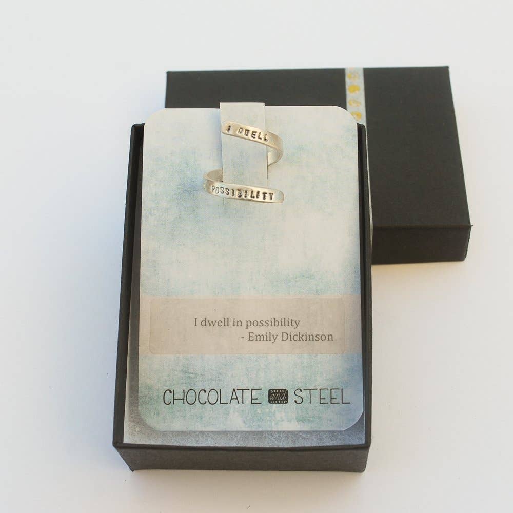 Chocolate and Steel - Wholesale Band/Stacked Ring - I Dwell in Possibility -Emily Dickinson wrap ring0