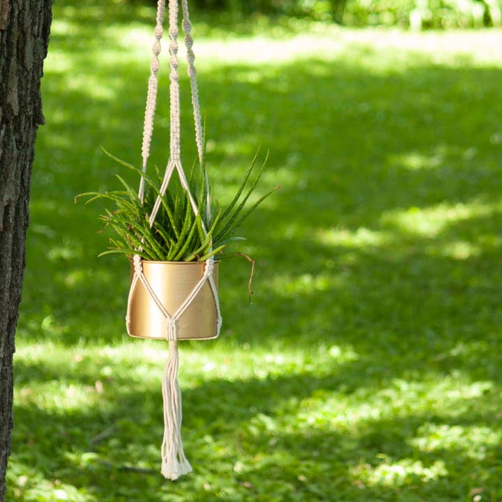 SALE - Macrame Hanging Gold Finish Boho Metal Planter for wholesale by Foreside Home & Garden