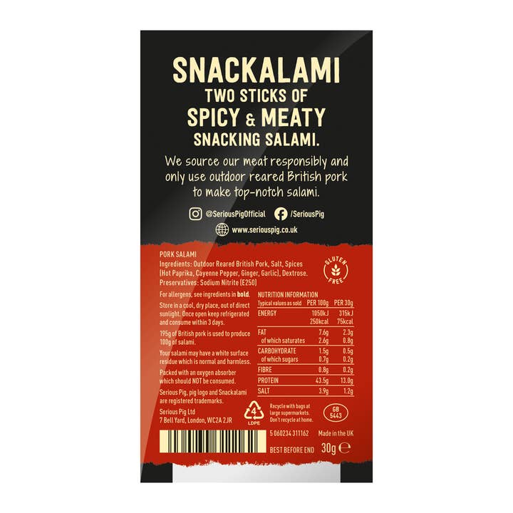 Serious Pig – wholesale Jerky – Snackalami 'Spicy' (shelf-ready box of 24 x 30g)2