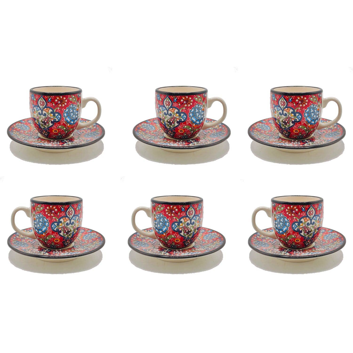 Etnico del Mondo - Wholesale Coffee/Tea Cup - Set of 6 Decorated Turkish Ceramic Coffee/Cappuccino Cups #88