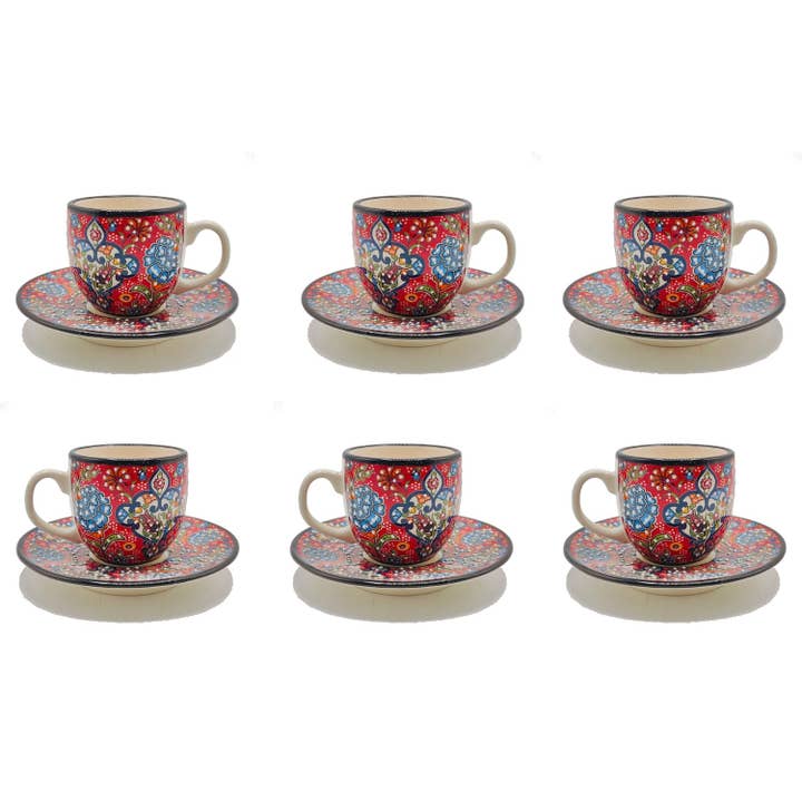 Etnico del Mondo - Wholesale Coffee/Tea Cup - Set of 6 Decorated Turkish Ceramic Coffee/Cappuccino Cups #88