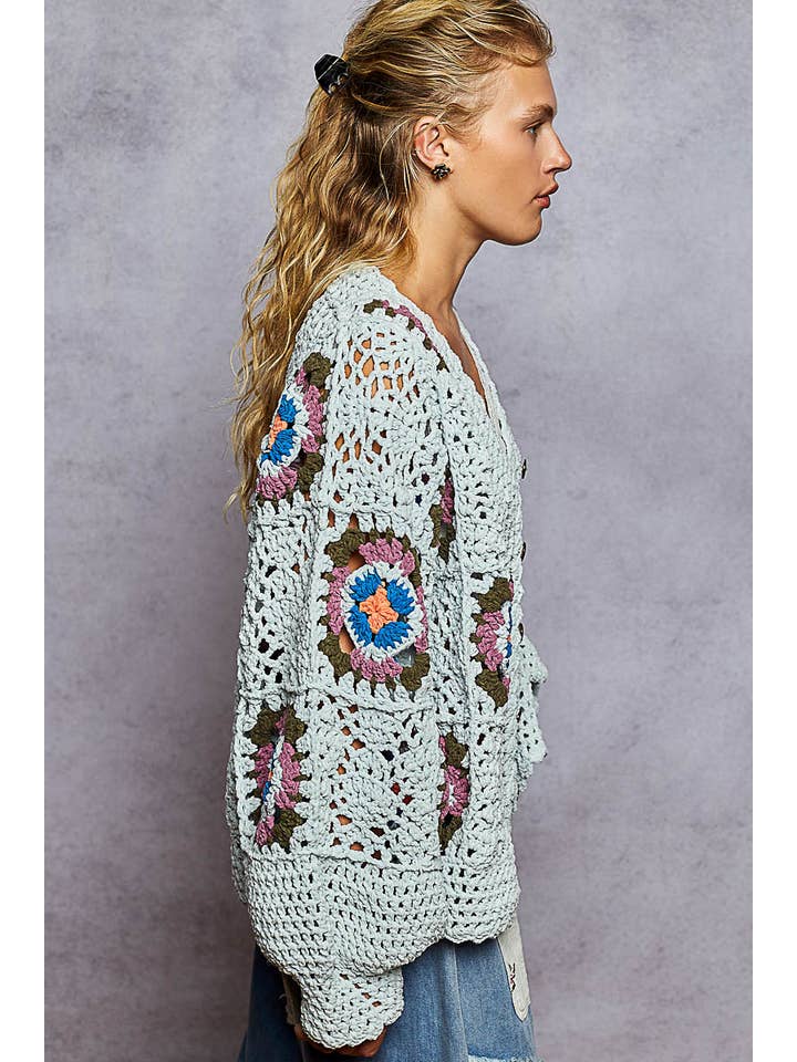 GREY MULTI V neck chenille crochet knit sweater cardigan top for wholesale on Faire2