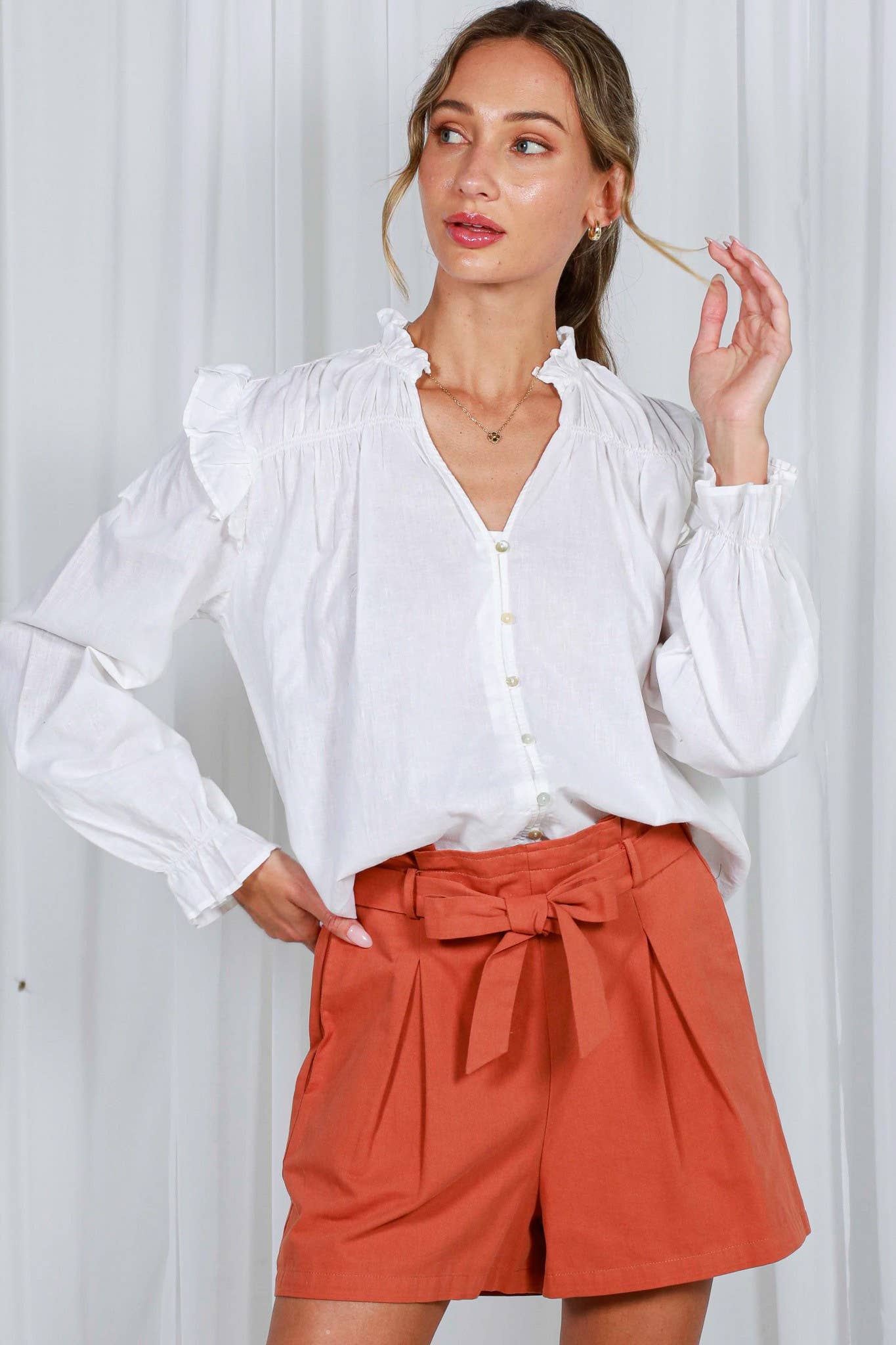 Vine & Love - Vente Chemisier – femme - Blouse à manches longues bouffantes avec col en V à volants 100 % coton VT8231510