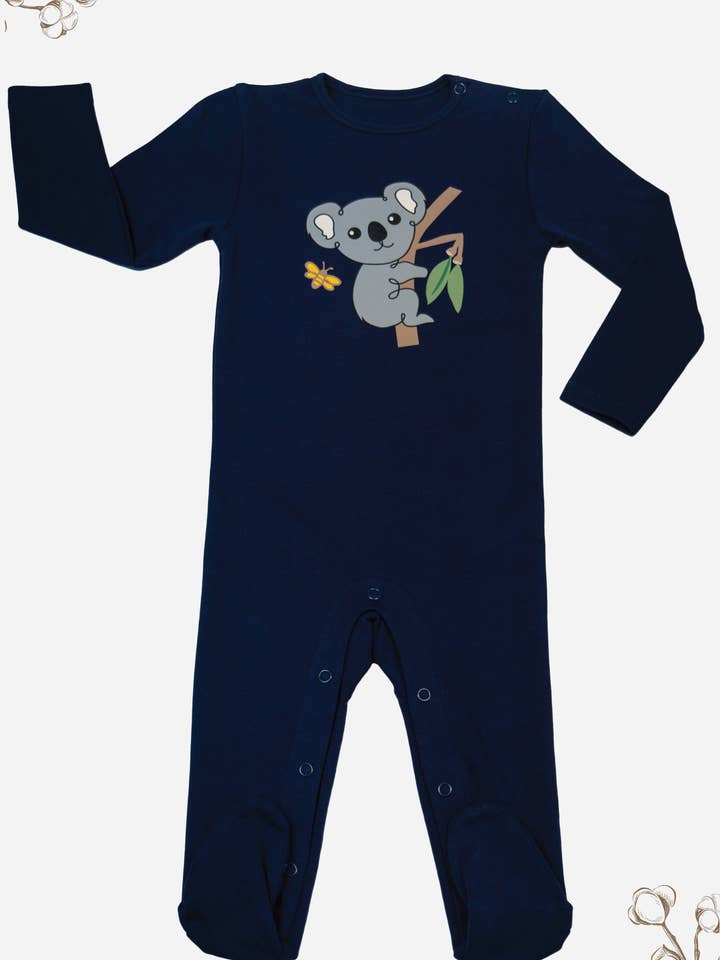 Pijama con botones a presión para bebés y botines, 100% algodón orgánico, color azul marino, koala para venta al por mayor de B Free AUSTRALIA