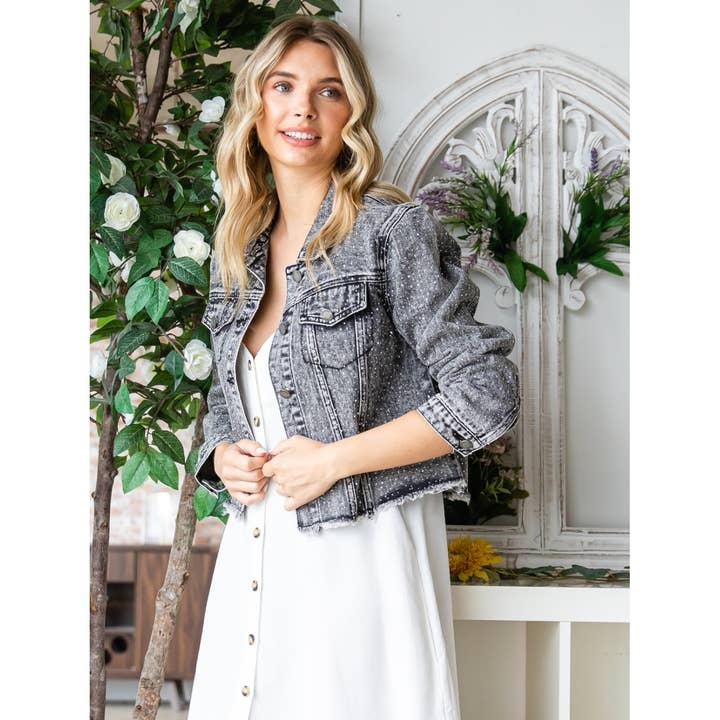 Black Sprinkle Rhinestones Crop Denim Jacket for wholesale on Faire