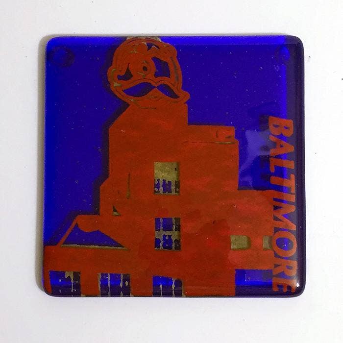 Baltimore Natty Boh Fused Glass 4" Single Coaster for wholesale by Kiku Handmade | Contemporary Fused Glass Home Goods