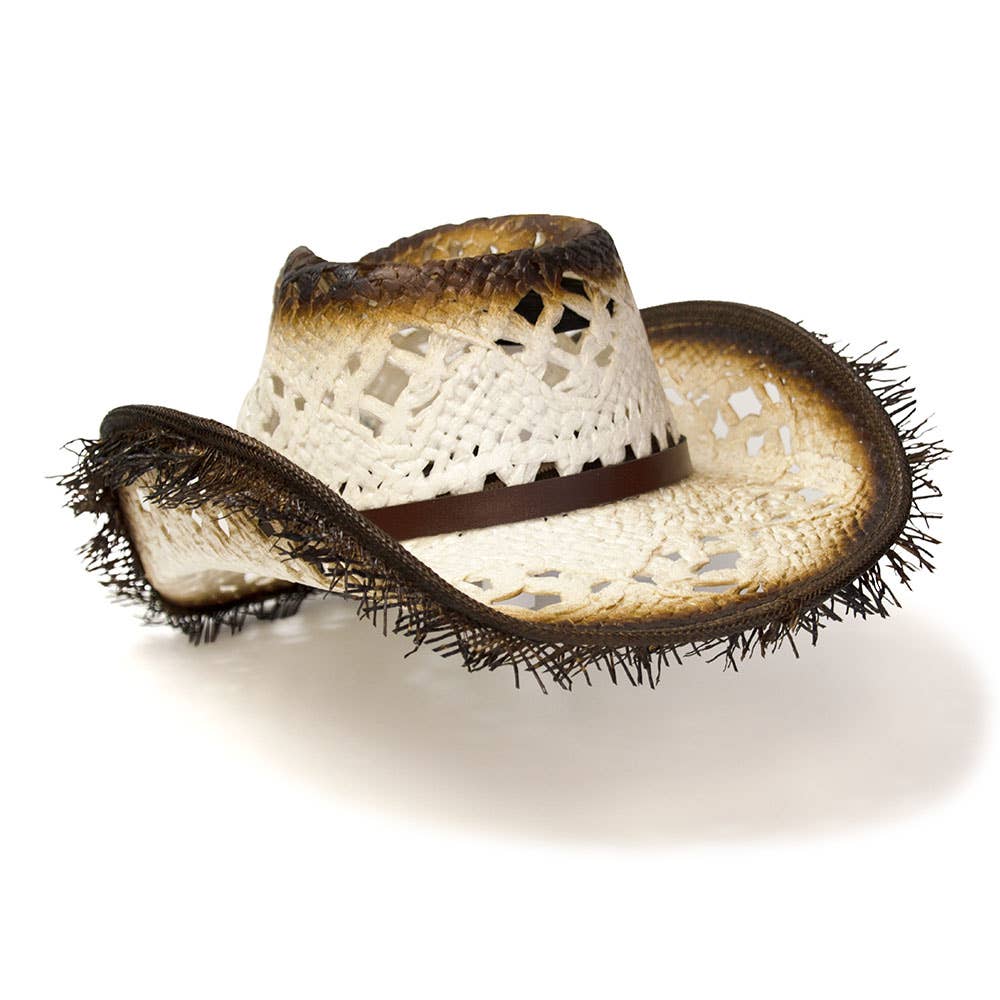 Western Express - Vendita all'ingrosso Cappello da cowboy - Donna - Cappello bianco stile western in paglia con parte frontale pizzicata e bordo sfrangiato color beige.2