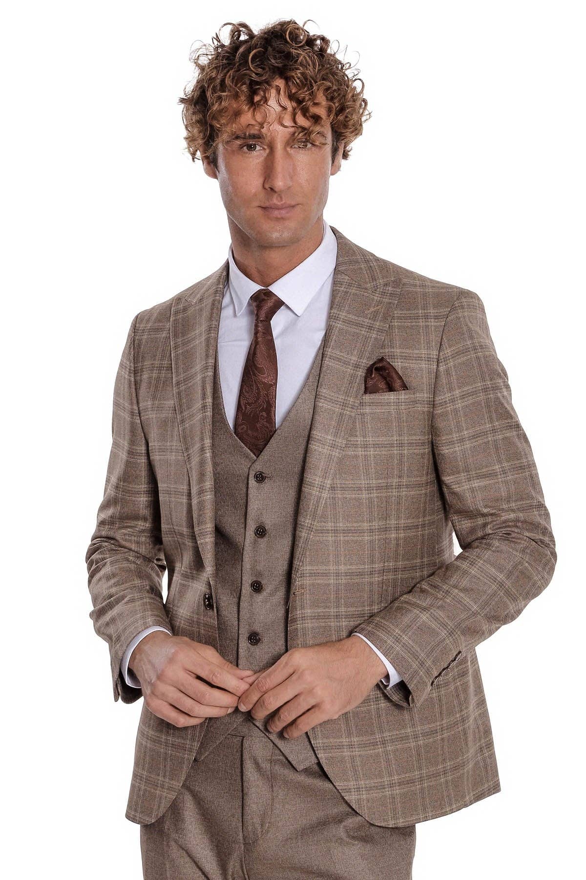 Checked Slim Fit Light Brown Men Suit - Peak Lapel for wholesale on Faire7