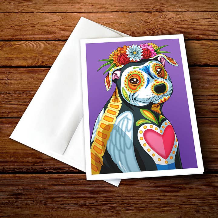 5 x 7" Day of the Dead Dog Pitbull Greeting Card - "Paloma" for wholesale by Nicholas Ivins Art & Illustration