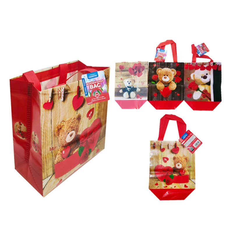 Deluxe Import Trading - Wholesale Gift bag - Teddy Bear & Heart Reusable Gift Bag 9" x 9" x 4.25"0