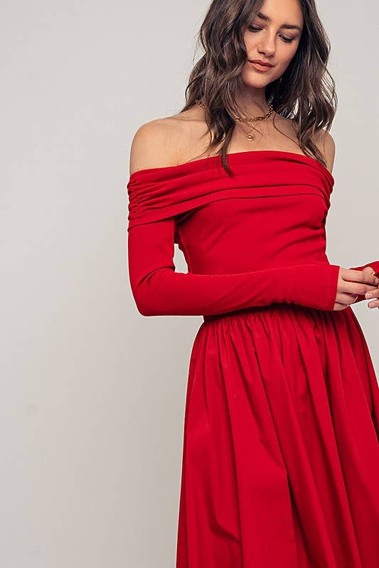 Urban Daizy - Wholesale Dress - Women's - Elegant Off Shoulder Ruched Long Sleeve Spring Midi Dress13