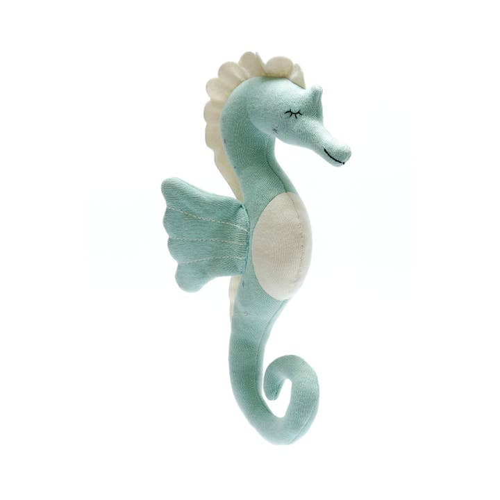 Tactile Knitted Seahorse Plush Toy Organic Cotton Sea Green for wholesale by Best Years Ltd