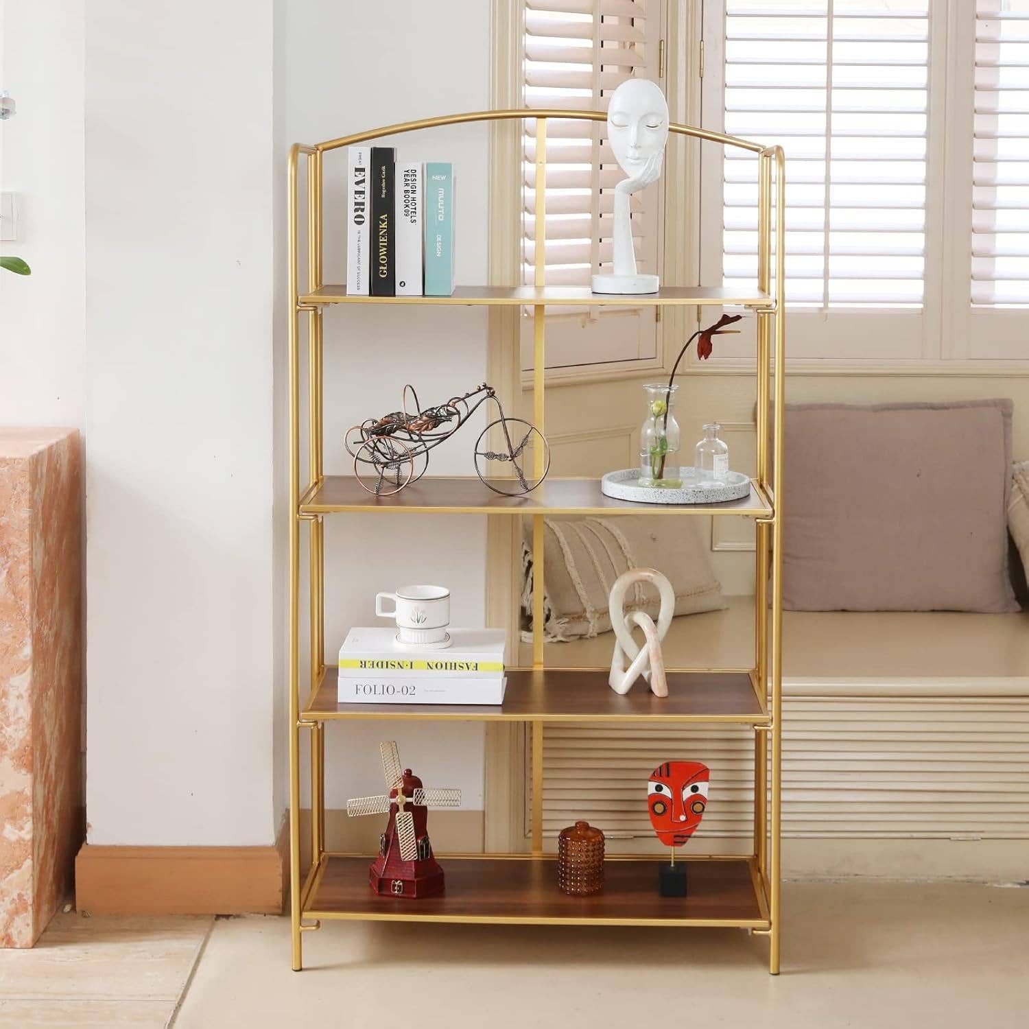 No Assembly Foldable Bookshelf 4 Tier Gold Bookcase for wholesale on Faire5