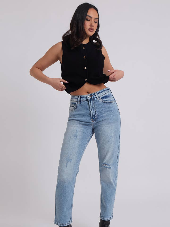 Mid Wash Ripped Mom Jean for wholesale by Urban Bliss