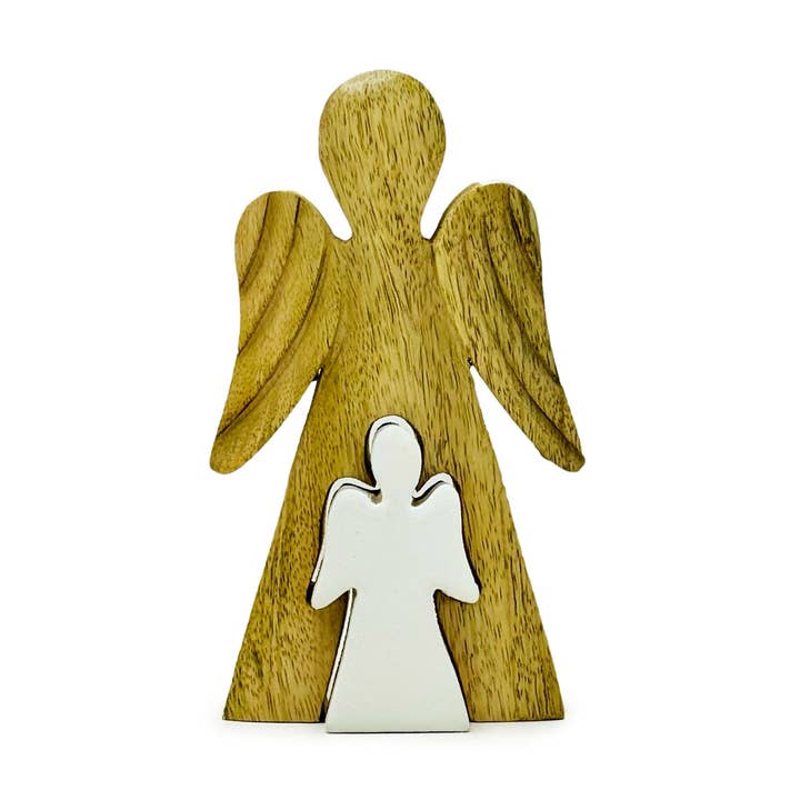 AWGifts Europe - Vendita all'ingrosso Statuette decorative - 6 angeli in legno di mango con smalto bianco - 15 cm0