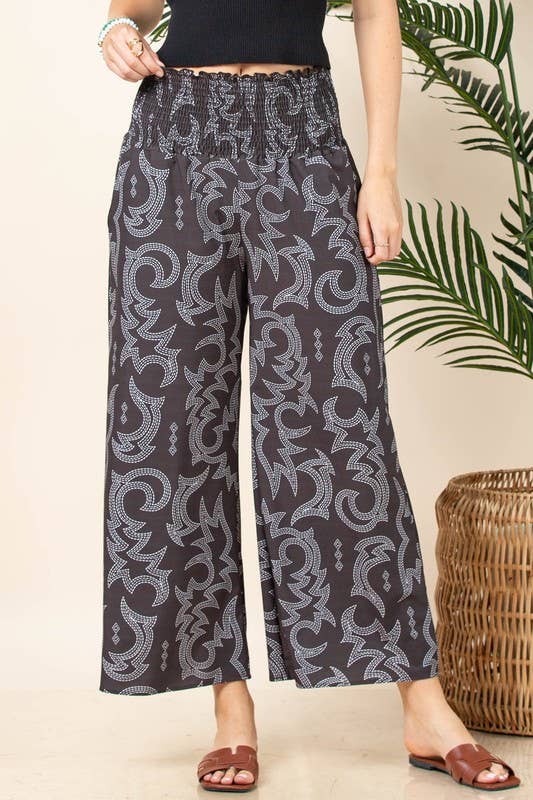 Marron AV1243-PANTALON SMOCK ÉLASTIQUE IMPRIMÉ COUTURE WESTERN ZARA en vente sur Faire4