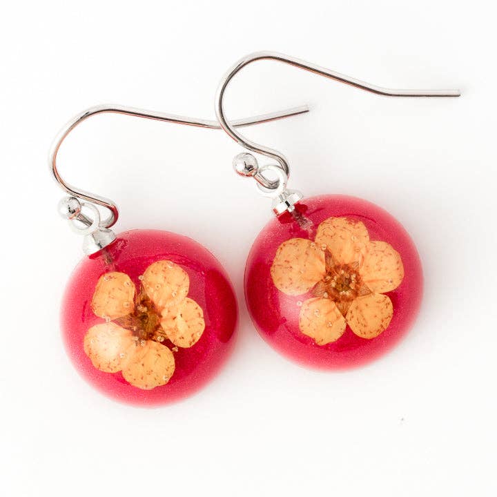 Flower Earrings Mini Orb Earrings Orange-Red for wholesale by Hanami Real Flower Jewelry