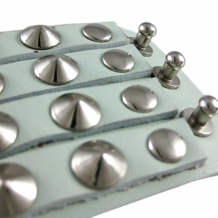 Things2Die4 - Wholesale Wristband - Gray Leather Gauntlet-Style Wristband / Bracelet with 4 Rows of Chrome-Plated Conical Studs - 2 Inches Wide - Fits Wrists 7 1/2 to 8 Inches - Rocker-Wear2