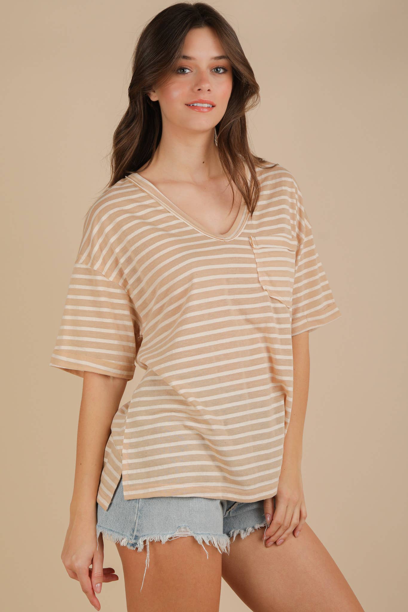 VERY J - Wholesale Knit Top - Women's - NT12167-Oversized Stripe Casual V-Neck Knit Top16